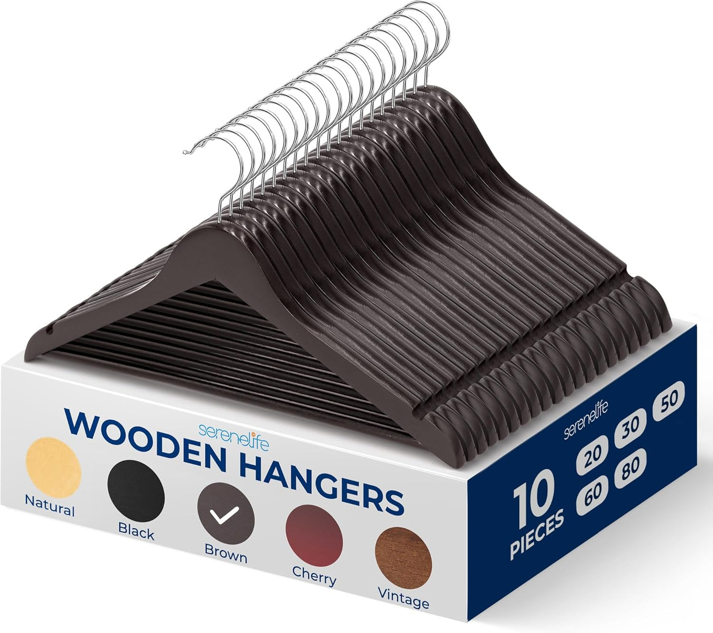 SereneLife 30 Pack Wooden Coat Hangers – Durable Suit Hangers with 360° Swivel Hook & Notches – Slim Design for Shirts, Jackets, Dresses, and More