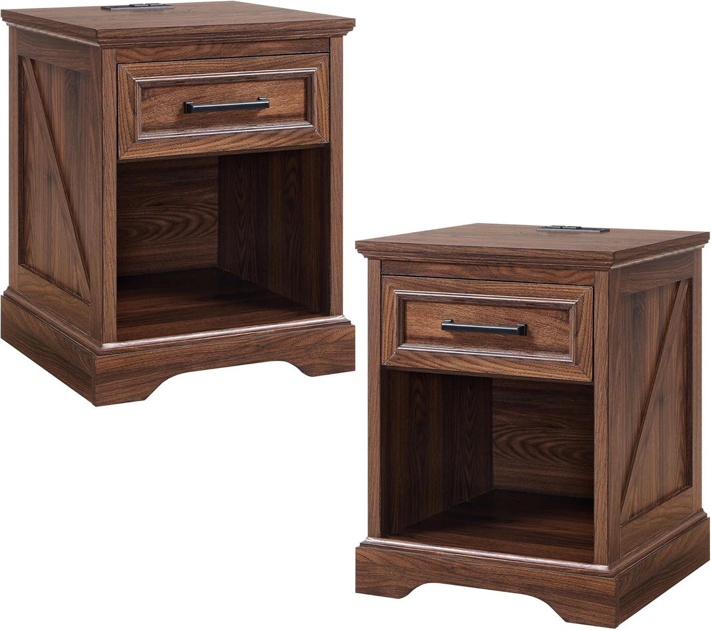 ACCOHOHO 18" Farmhouse Nightstand Set of 2 with Charging Station, Bedside Table with Drawer and Open Storage Shelf, Rustic End Table for Bedroom - Brown