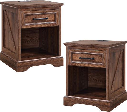 ACCOHOHO 18" Farmhouse Nightstand Set of 2 with Charging Station, Bedside Table with Drawer and Open Storage Shelf, Rustic End Table for Bedroom - Brown