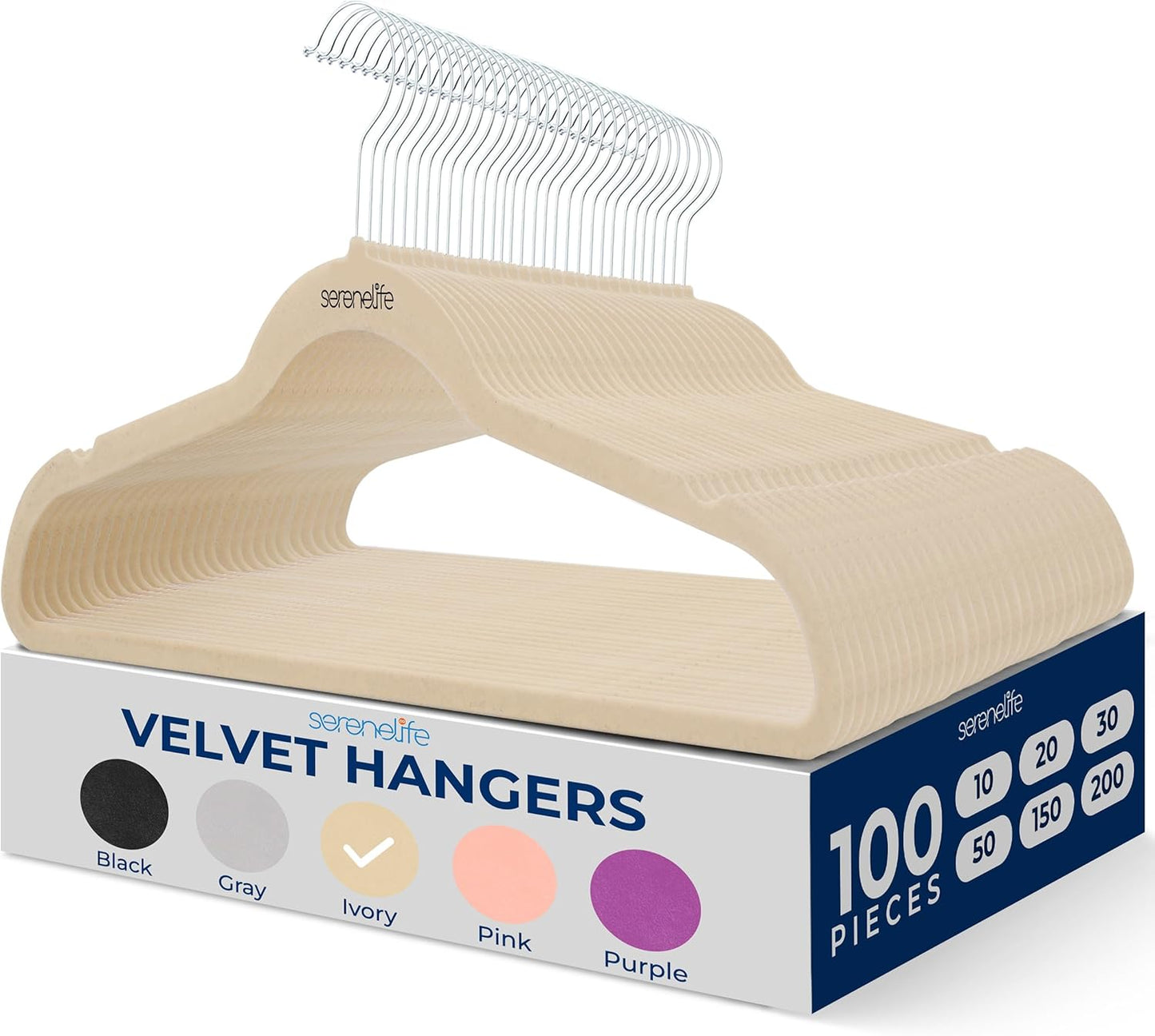 SereneLife Velvet Hangers 100 Pack Black – Slim Non-Slip Clothes Hangers with Chrome 360° Swivel Hook, Durable 10 lbs Capacity, Ultra-Thin Space Saving Hangers for Closet Organization