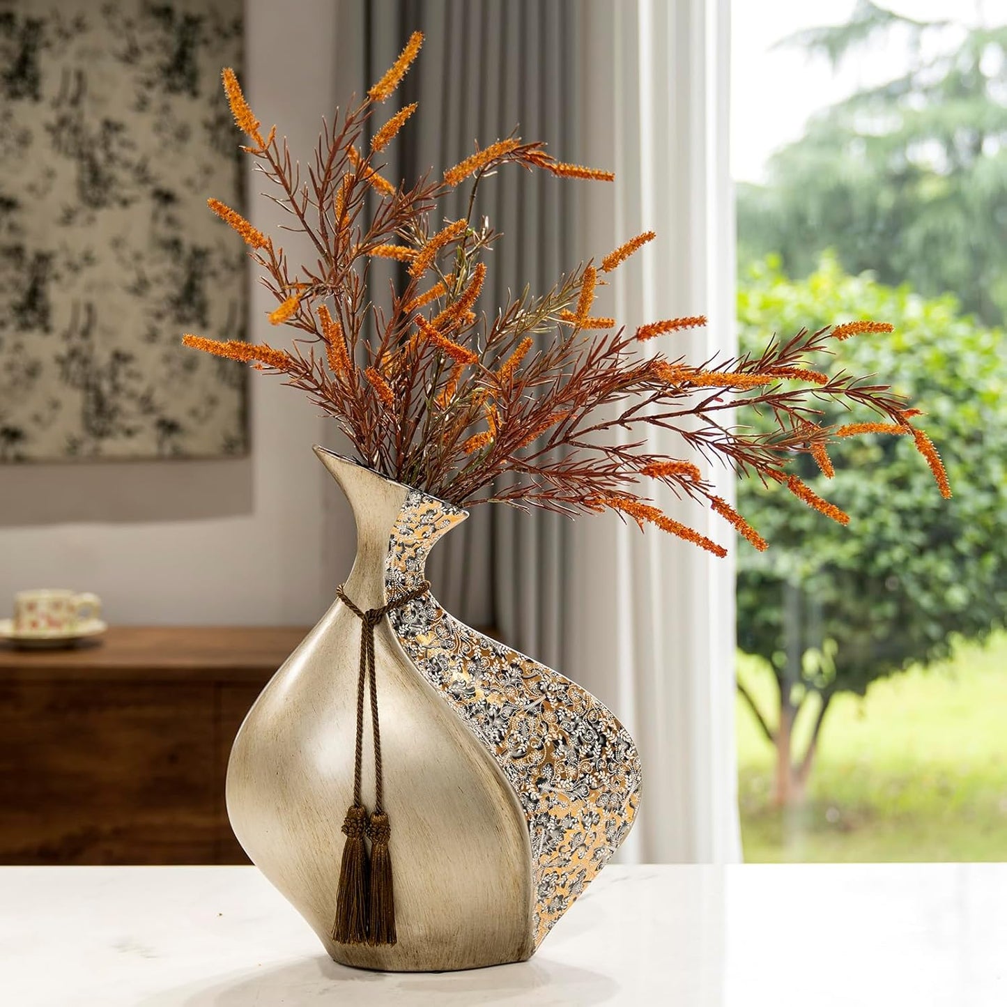 European Style Ceramic Flower Vase |15 Inch Pottery Big Boho Vase for Home Decor, Modern Decorative Vase for Dining Table,Not Suitable for Water, Suitable for Dry Flowers and Simulated Flowers