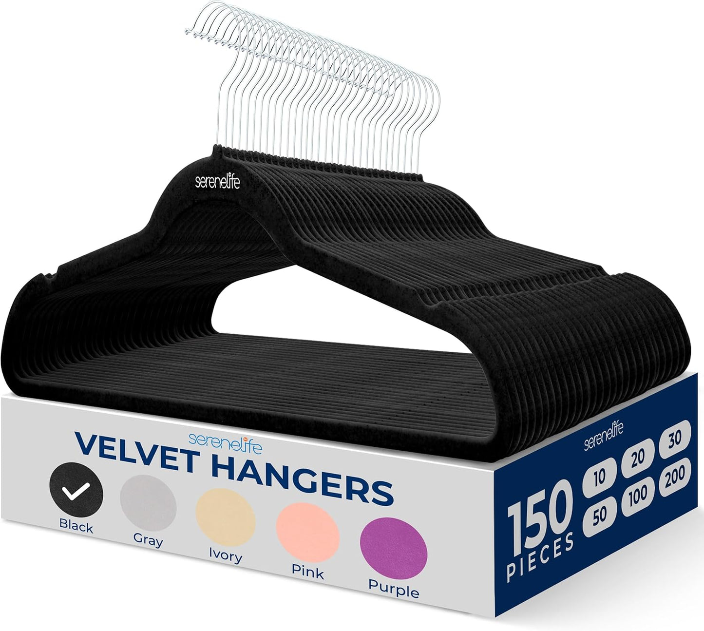 SereneLife Velvet Hangers 100 Pack Black – Slim Non-Slip Clothes Hangers with Chrome 360° Swivel Hook, Durable 10 lbs Capacity, Ultra-Thin Space Saving Hangers for Closet Organization