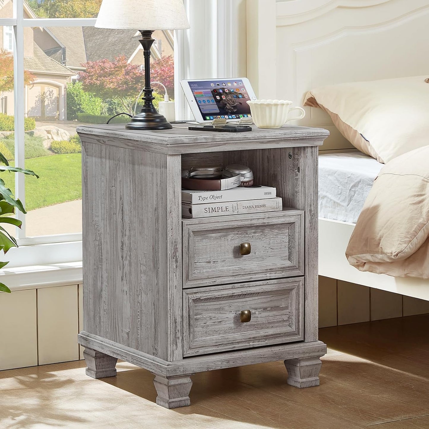 Farmhouse Nightstand Set of 2 with Charging Station, Rustic Black Nightstand,2 Drawers End Table for Living Room,Bedside Table with Open Shelf for Bed Room,Black
