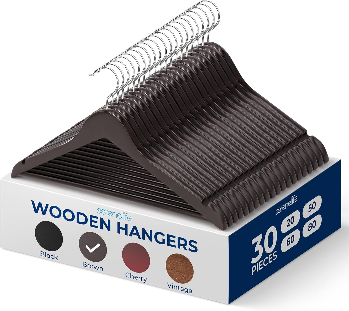 SereneLife 30 Pack Wooden Coat Hangers – Durable Suit Hangers with 360° Swivel Hook & Notches – Slim Design for Shirts, Jackets, Dresses, and More