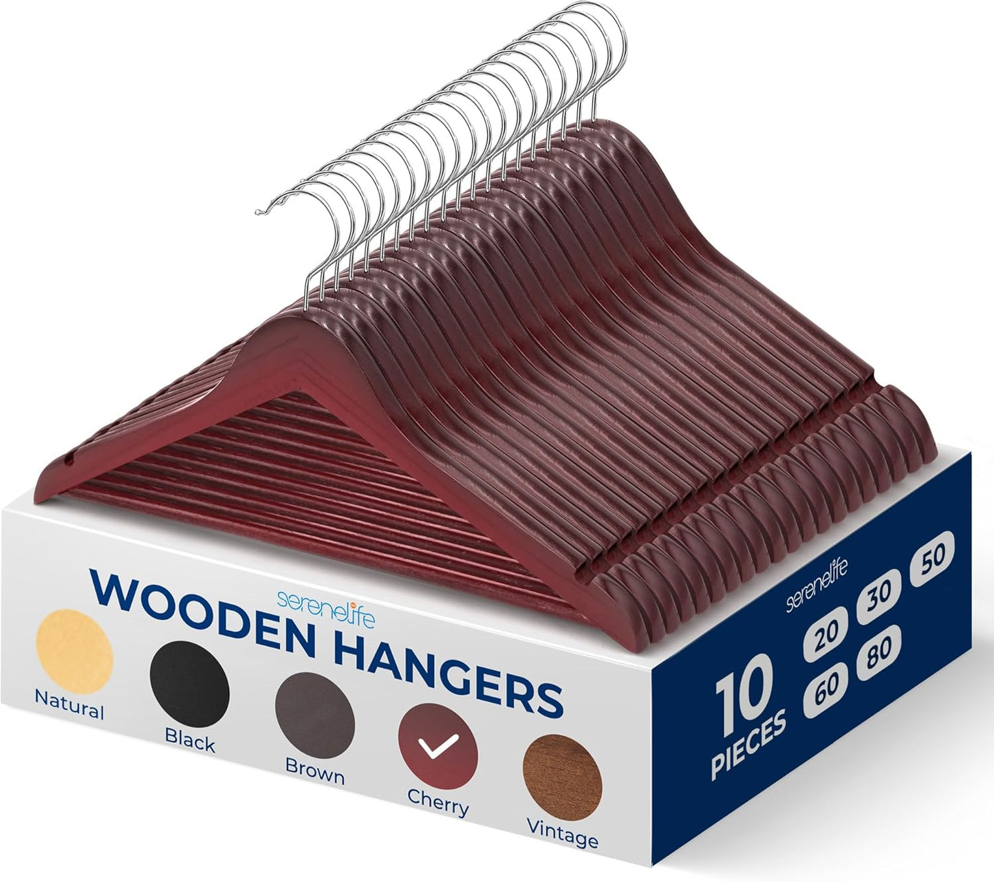 SereneLife 30 Pack Wooden Coat Hangers – Durable Suit Hangers with 360° Swivel Hook & Notches – Slim Design for Shirts, Jackets, Dresses, and More