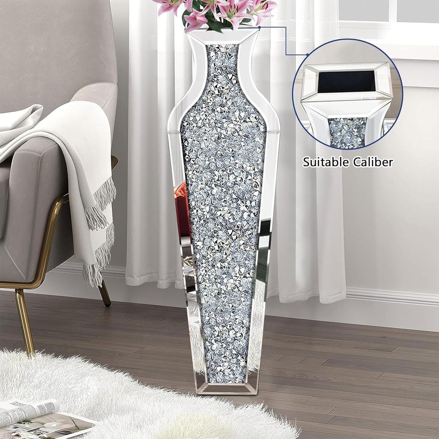 27" Tall Crushed Diamond Floor Vase, Silver Large Vases for Decor Living Room, Crystal Mirrored Home Decor Vases for Dried Flower