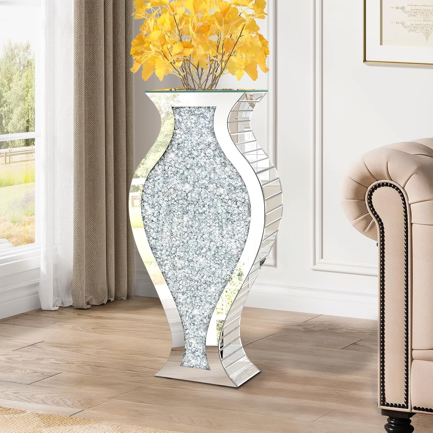 27" Tall Crushed Diamond Floor Vase, Silver Large Vases for Decor Living Room, Crystal Mirrored Home Decor Vases for Dried Flower