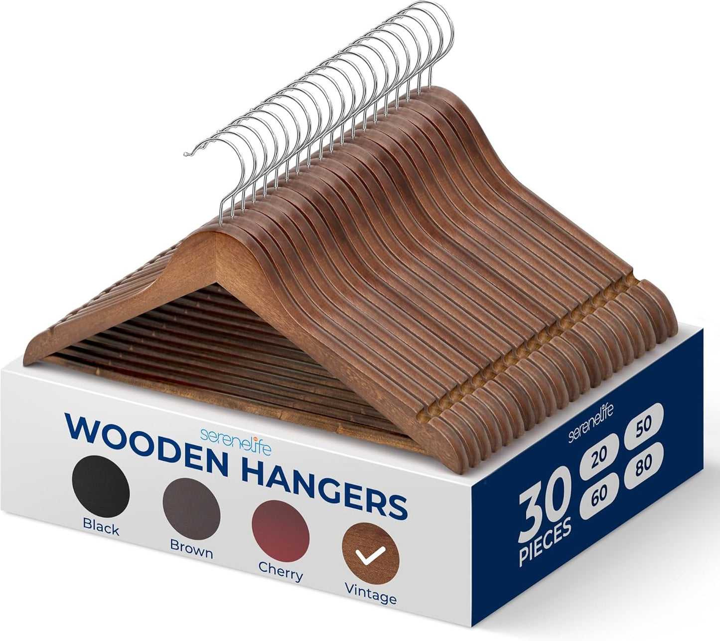SereneLife 30 Pack Wooden Coat Hangers – Durable Suit Hangers with 360° Swivel Hook & Notches – Slim Design for Shirts, Jackets, Dresses, and More