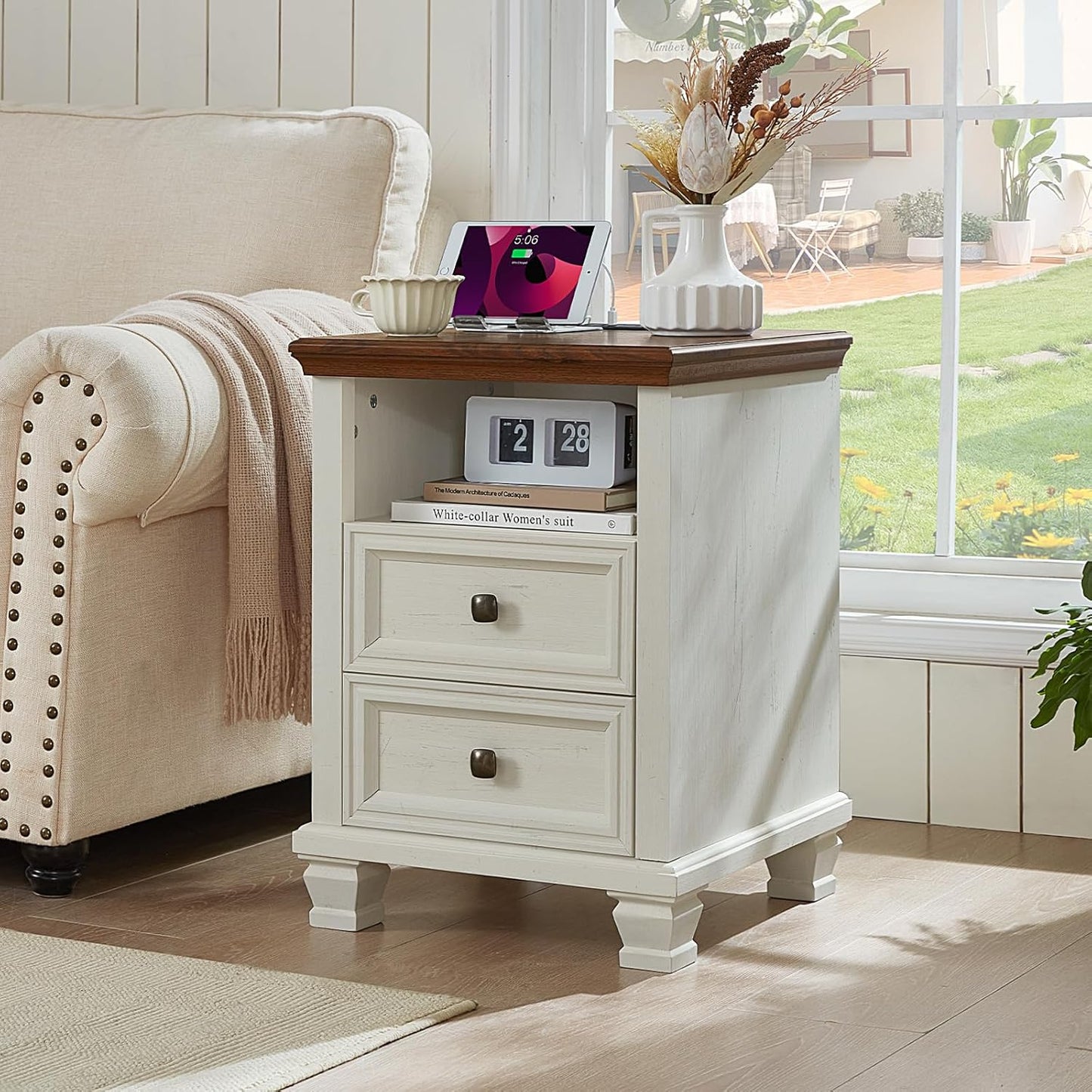 Farmhouse Nightstand Set of 2 with Charging Station, Rustic Black Nightstand,2 Drawers End Table for Living Room,Bedside Table with Open Shelf for Bed Room,Black