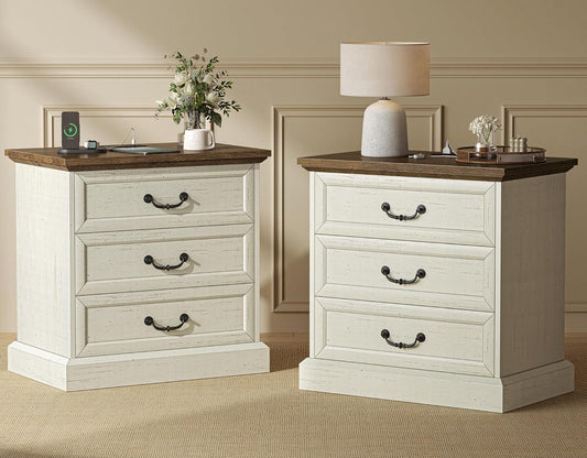 Huuger Nightstand with Charging Station, 3 Drawer Night Stand Set of 2, 22 Inch Wider Side Table with Storage, Farmhouse Nightstand with Vintage Handles, Thicken Base, for Bedroom, Distressed White