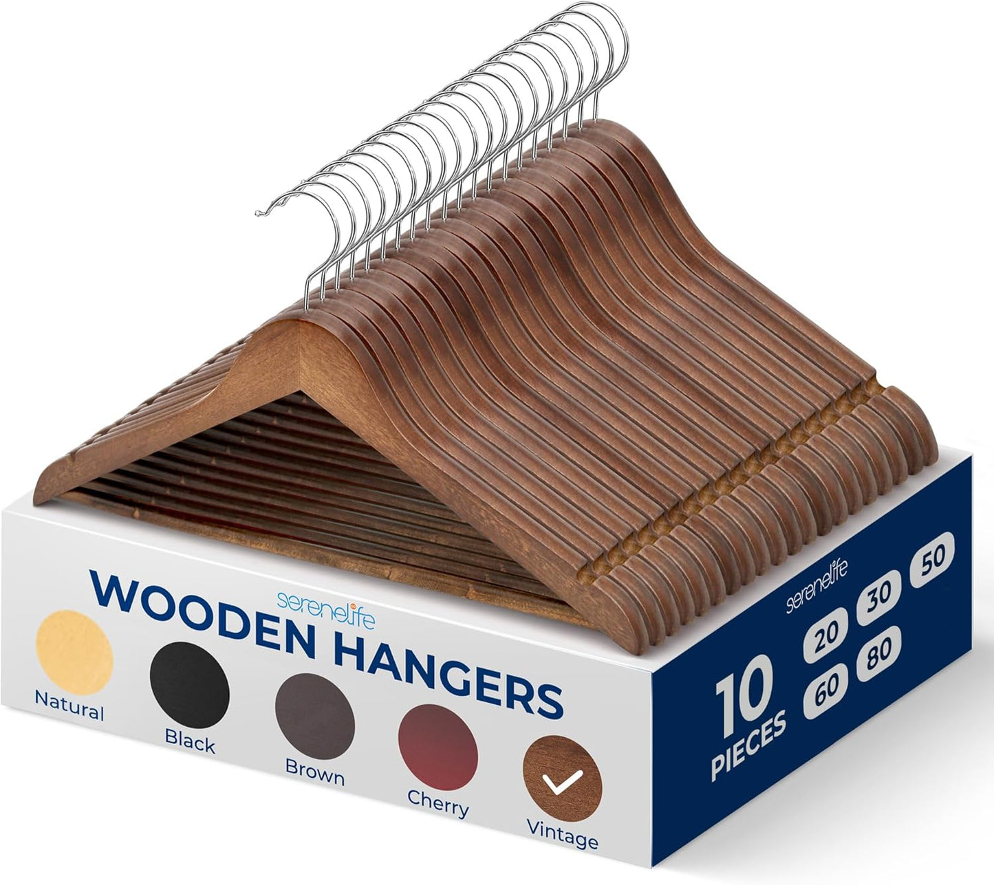 SereneLife 30 Pack Wooden Coat Hangers – Durable Suit Hangers with 360° Swivel Hook & Notches – Slim Design for Shirts, Jackets, Dresses, and More