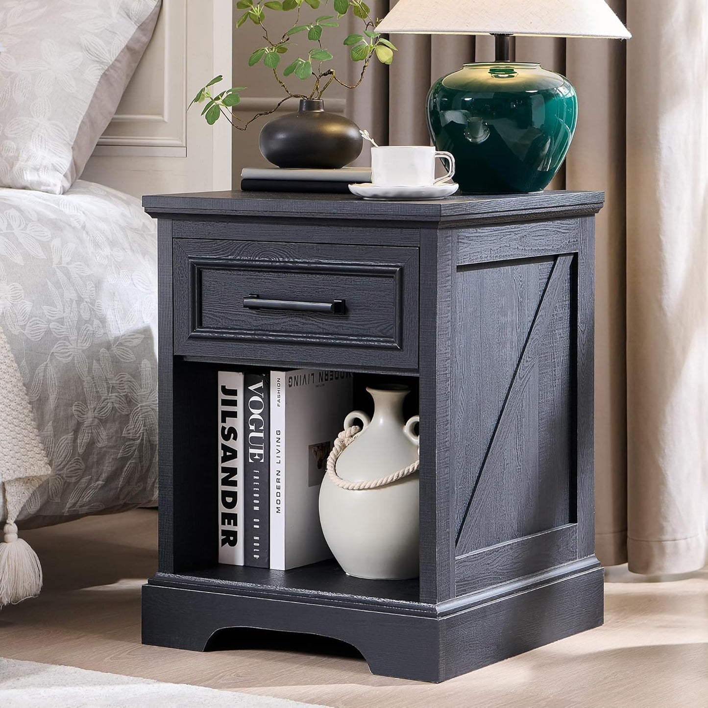 ACCOHOHO 18" Farmhouse Nightstand Set of 2 with Charging Station, Bedside Table with Drawer and Open Storage Shelf, Rustic End Table for Bedroom - Brown
