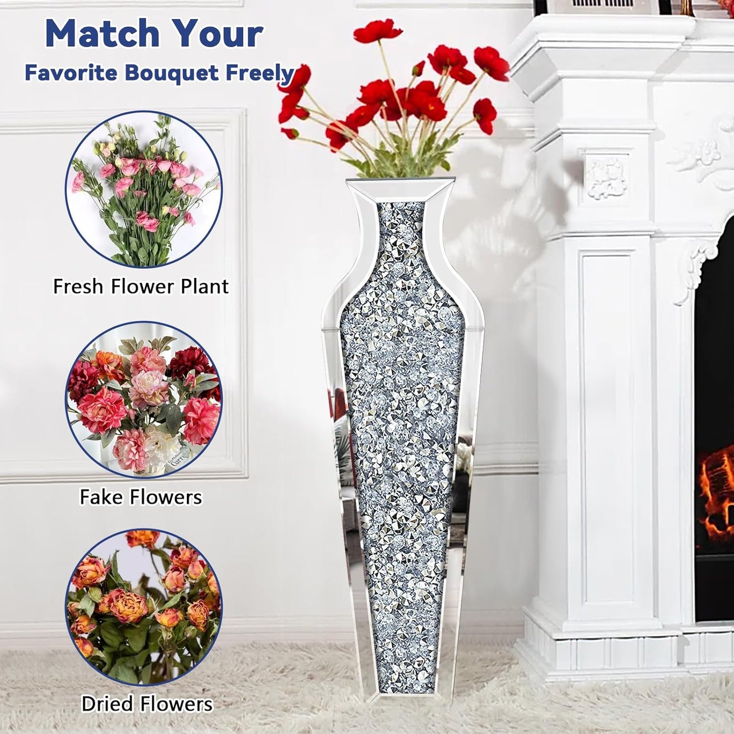 27" Tall Crushed Diamond Floor Vase, Silver Large Vases for Decor Living Room, Crystal Mirrored Home Decor Vases for Dried Flower