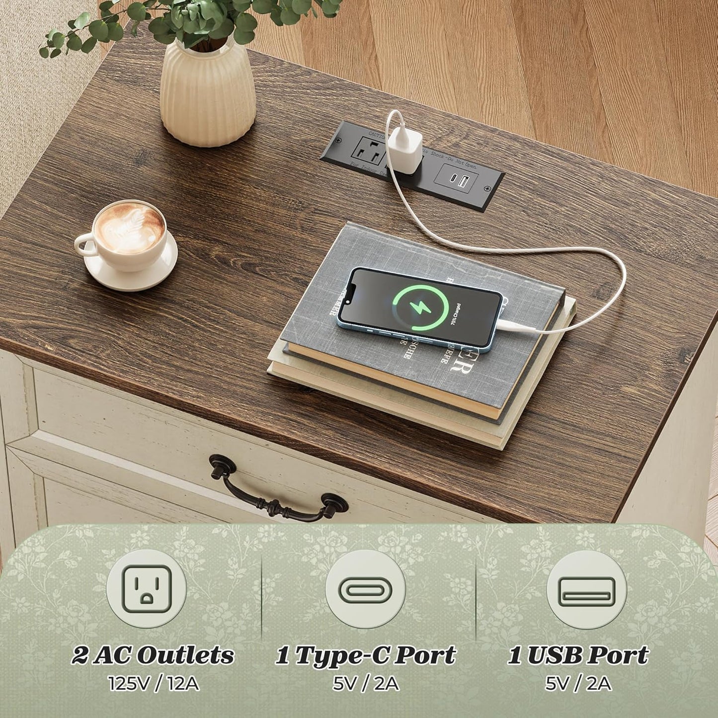 Huuger Nightstand with Charging Station, 3 Drawer Night Stand Set of 2, 22 Inch Wider Side Table with Storage, Farmhouse Nightstand with Vintage Handles, Thicken Base, for Bedroom, Distressed White