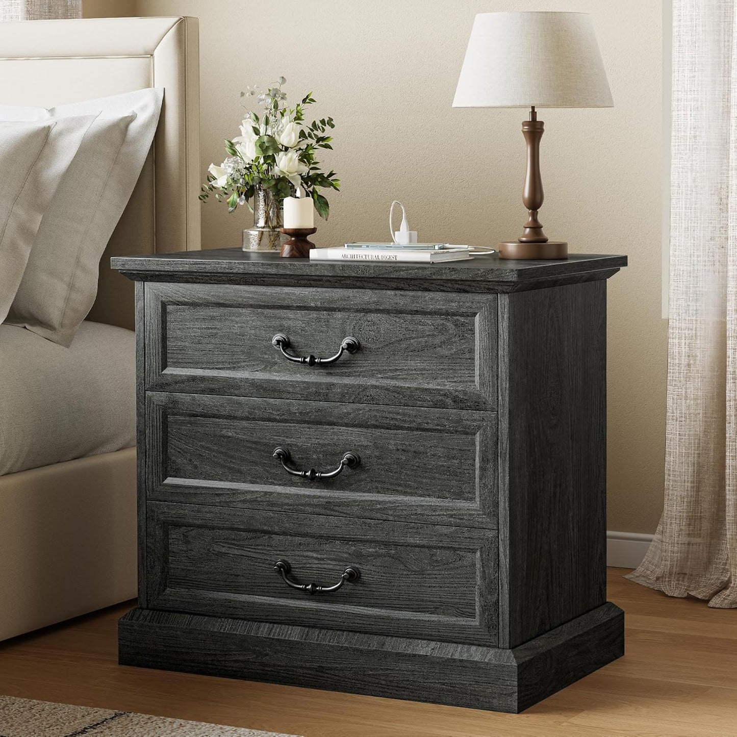 Huuger Nightstand with Charging Station, 3 Drawer Night Stand Set of 2, 22 Inch Wider Side Table with Storage, Farmhouse Nightstand with Vintage Handles, Thicken Base, for Bedroom, Distressed White