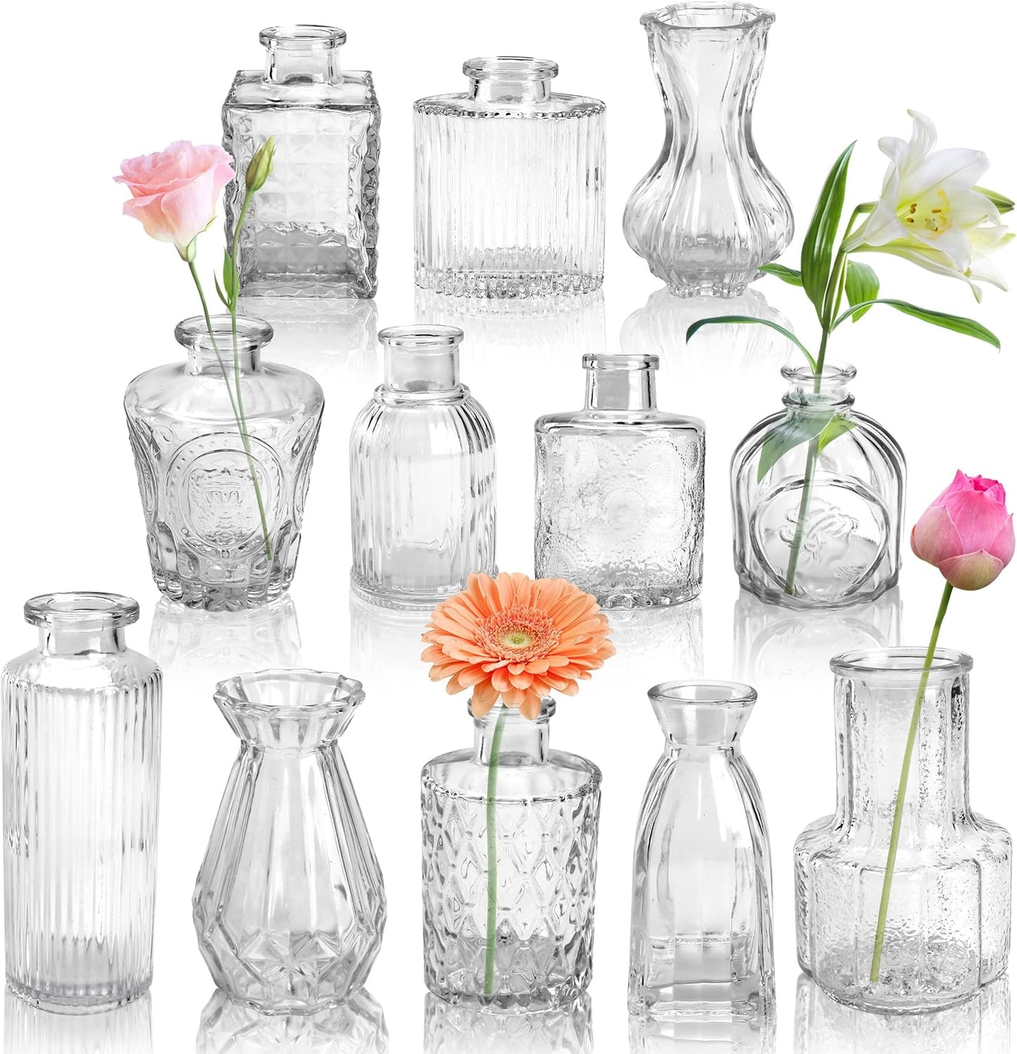 Der Rose Glass Bud Vases Set of 12, Small Bud Vases for Flowers, Rustic Wedding Centerpieces and Home Decor