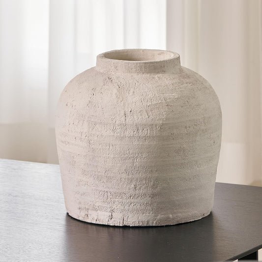 LB2 Large White Ceramic Vase, 11" Tall Zen Style Rustic vase, Terra Cotta Pitcher Vase, Distressed Farmhouse Decor, Pottery Decorative Flower for Home Decor (H 11" X 11")