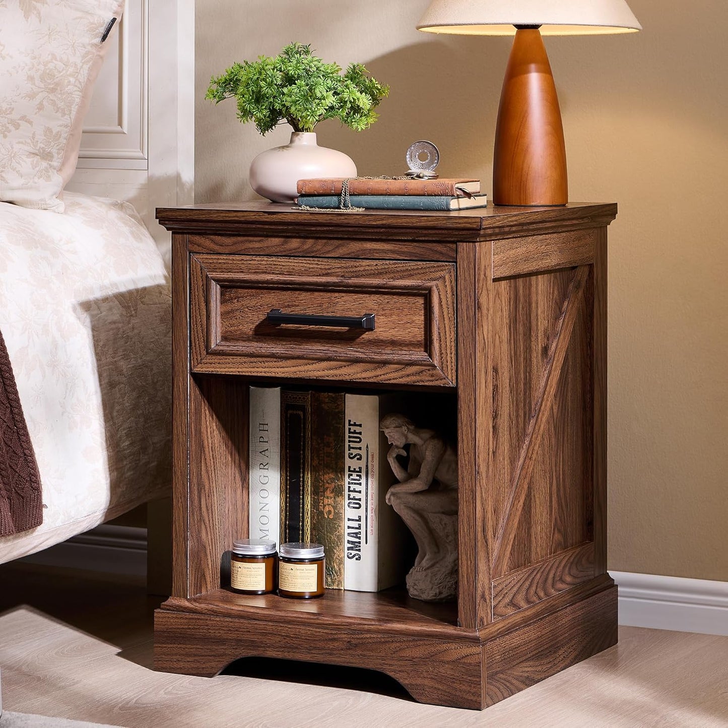 ACCOHOHO 18" Farmhouse Nightstand Set of 2 with Charging Station, Bedside Table with Drawer and Open Storage Shelf, Rustic End Table for Bedroom - Brown
