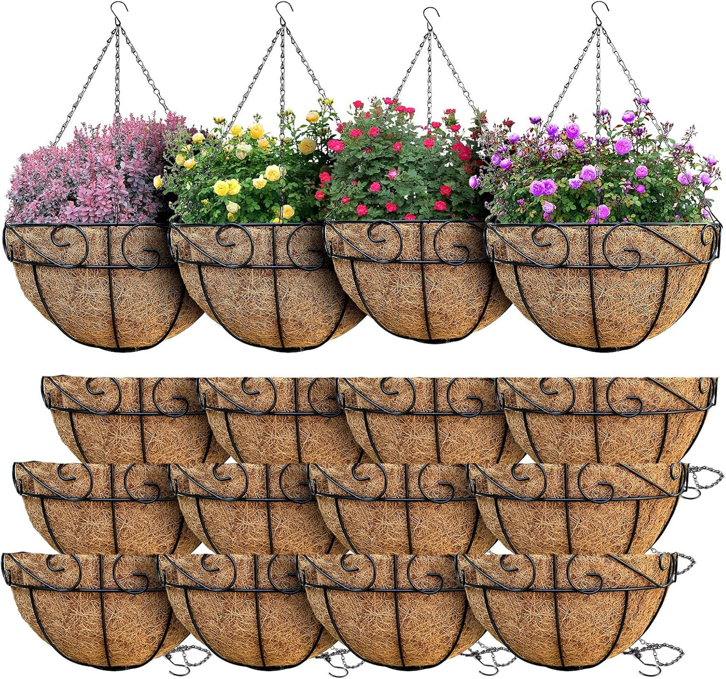 16 Pack Hanging Planter Basket Outdoor Large Hanging Flower Pots Indoor 12 inch with Coco Coir Liner Round Wire Plant Holder Chain Hanging Basket for Garden Home Decor Balcony Office