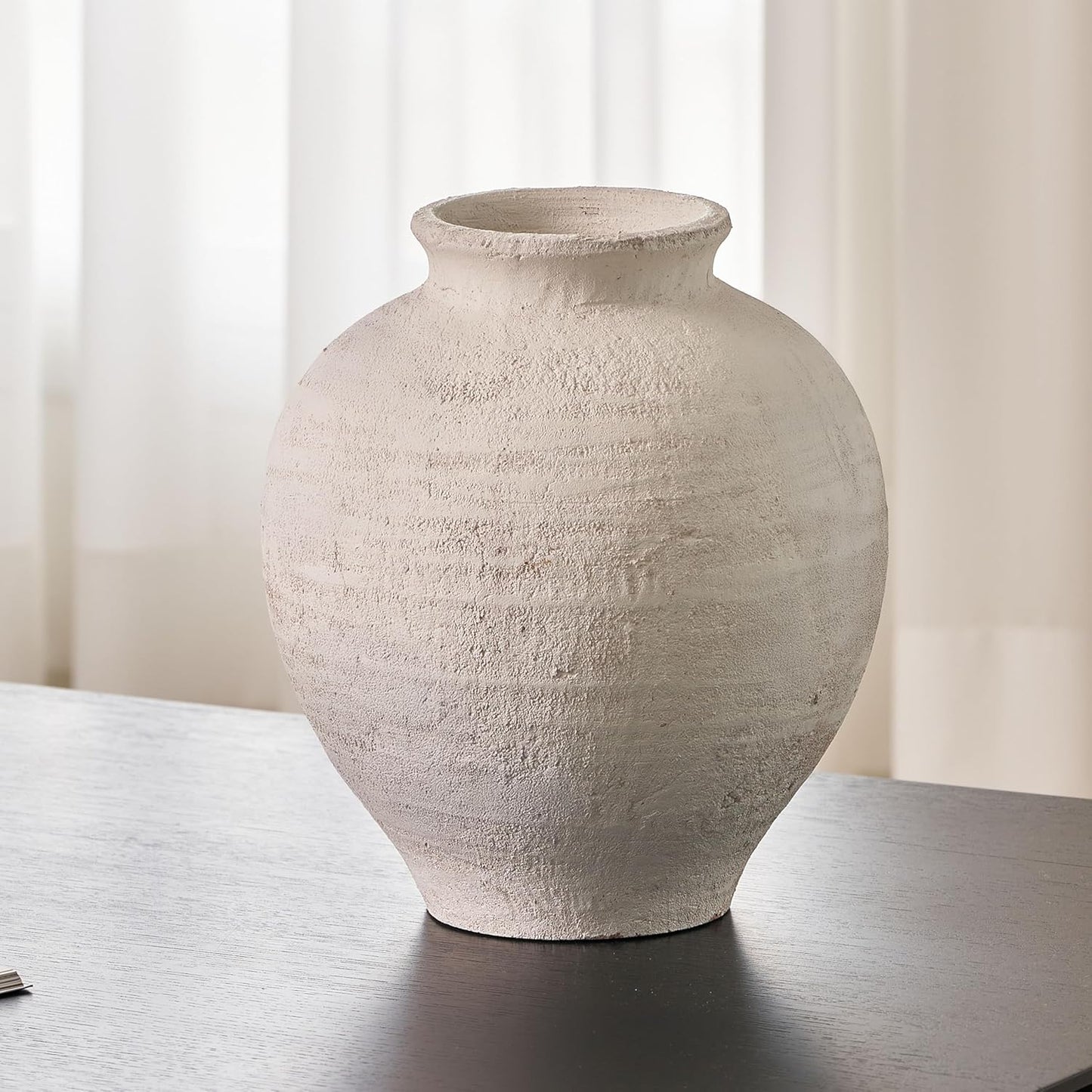 LB2 Large White Ceramic Vase, 11" Tall Zen Style Rustic vase, Terra Cotta Pitcher Vase, Distressed Farmhouse Decor, Pottery Decorative Flower for Home Decor (H 11" X 11")