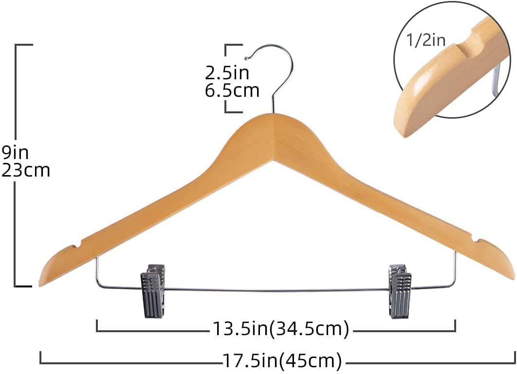 20 Pack Wooden Hangers with Clips High-Grade Wooden Suit Hangers Skirt Hangers with Clips S Wood Hanger with Durable Metal Clips for Blouse, Dress, Coat, Jacket (Natural,20)
