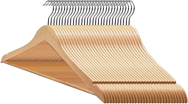20 Pack Wooden Hangers with Clips High-Grade Wooden Suit Hangers Skirt Hangers with Clips S Wood Hanger with Durable Metal Clips for Blouse, Dress, Coat, Jacket (Natural,20)