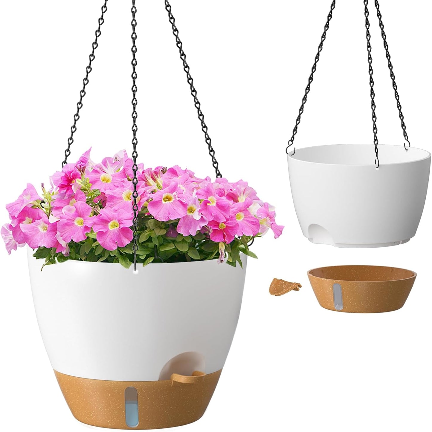 ZMTECH 8 Inch Hanging Planters for Indoor Outdoor Plants, 2 Pack Self Watering Hanging Plant Pots with Drainage Holes and Removable Saucer, Plastic Flower Hanging Pots with Watering Lip (Black)