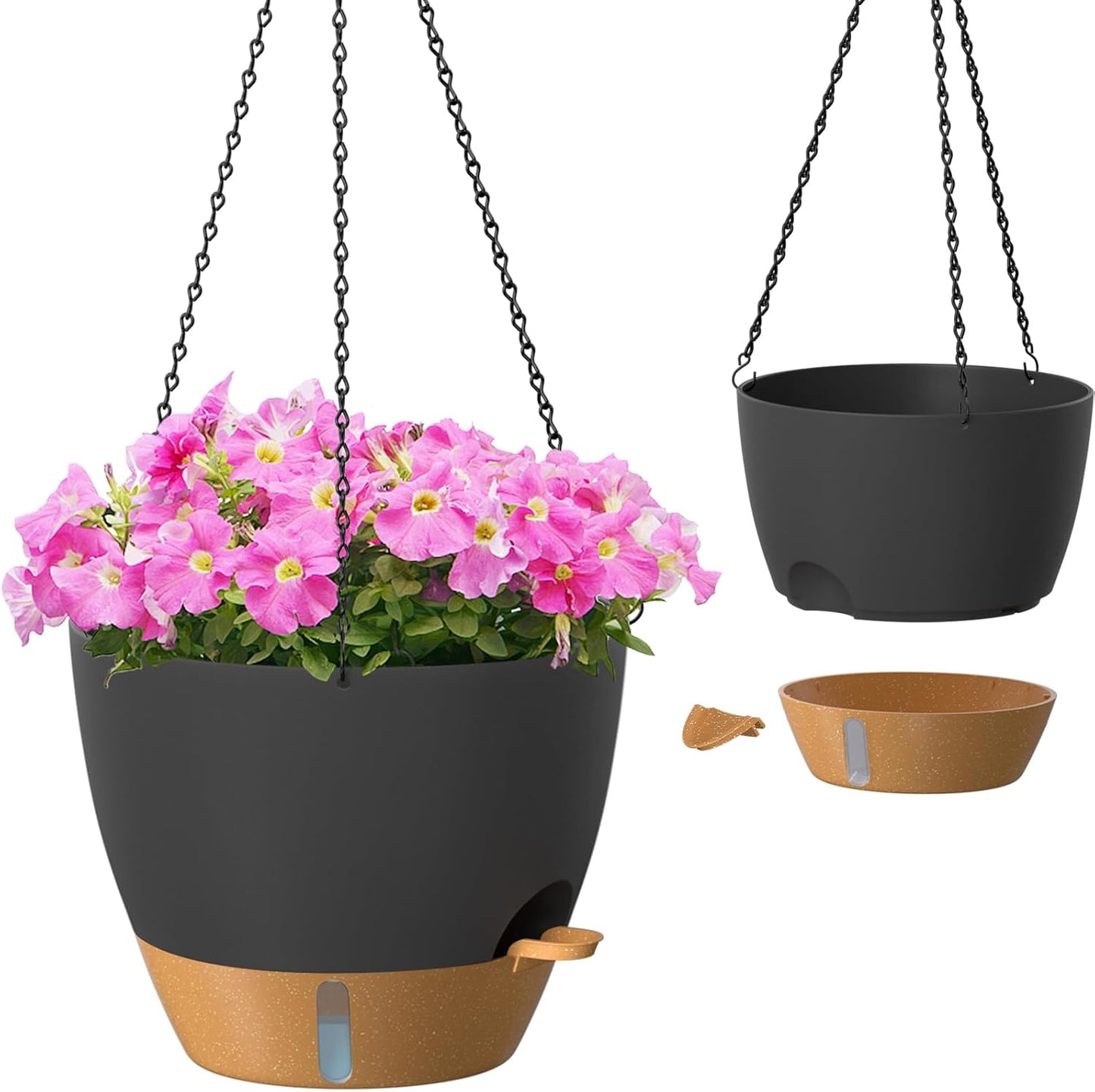 ZMTECH 8 Inch Hanging Planters for Indoor Outdoor Plants, 2 Pack Self Watering Hanging Plant Pots with Drainage Holes and Removable Saucer, Plastic Flower Hanging Pots with Watering Lip (Black)