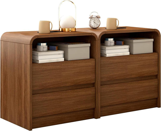 Walnut Nightstand Set of 2 with Charging Station, 21 Inch Wide Night Stand with Drawers, Modern Bedroom Bedside End Table with Round Corners Anti-Collision Design for Dorm, Sofa, Office
