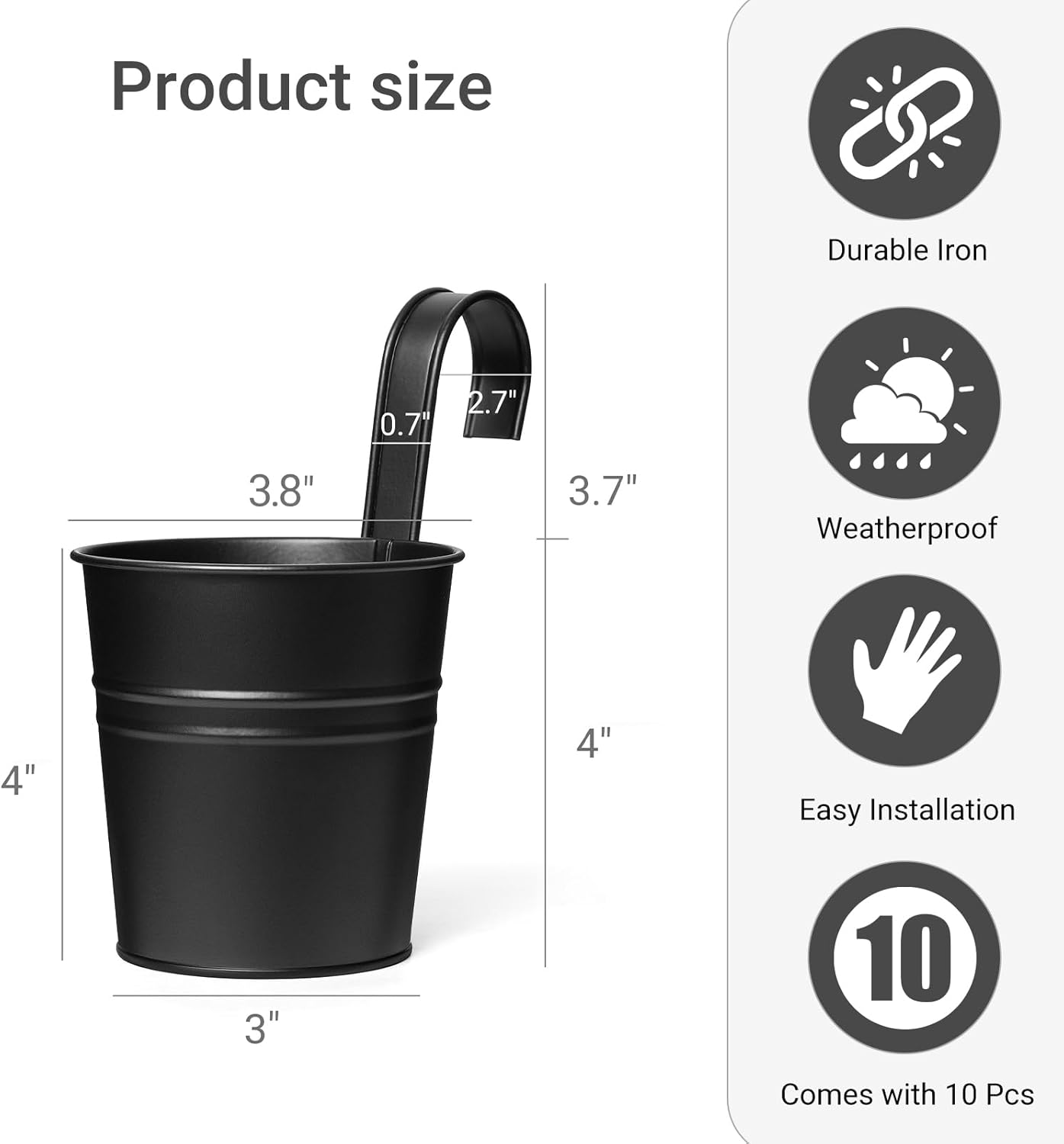 Dahey 10 Pcs Hanging Flower Pots Metal Iron Bucket Planter for Railing Fence Balcony Garden Home Decoration Flower Holders with Detachable Hooks, Black, 4 Inches