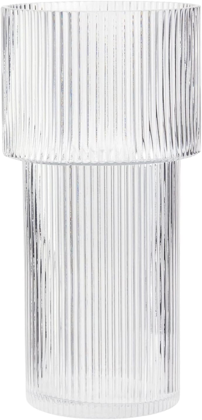 Ribbed Glass Vase, Flower Vase, Fluted Clear Vases for Flowers, Modern Vases for Living Room, Dining Table, Entryway, Shelf, Wedding, Office, Coffee Table, Birthday, 7.5 Inches