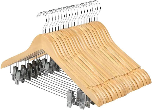 20 Pack Wooden Hangers with Clips High-Grade Wooden Suit Hangers Skirt Hangers with Clips S Wood Hanger with Durable Metal Clips for Blouse, Dress, Coat, Jacket (Natural,20)