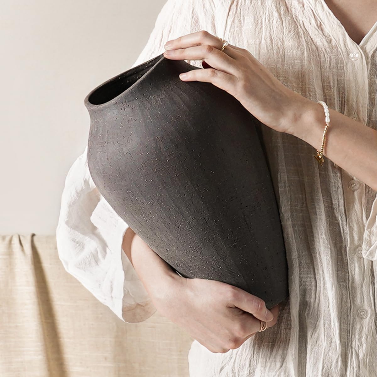 White Ceramic Vase - Large 13.6 Inch Tall Floor Vase for Centerpieces, Farmhouse Rustic Minimalist Home Decor for Living Room, Enterway, Wedding (Sandstone White)