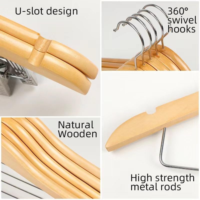20 Pack Wooden Hangers with Clips High-Grade Wooden Suit Hangers Skirt Hangers with Clips S Wood Hanger with Durable Metal Clips for Blouse, Dress, Coat, Jacket (Natural,20)