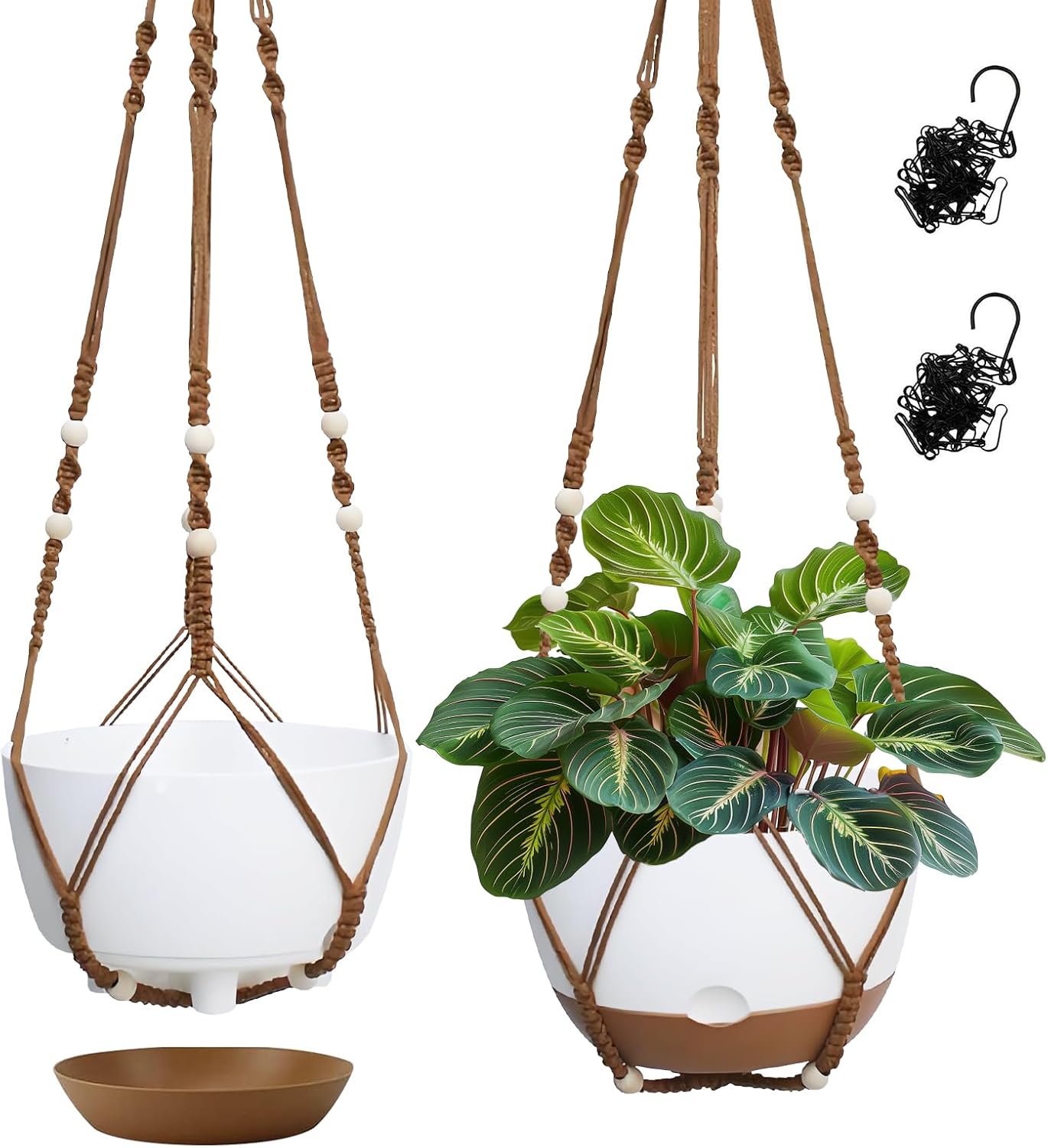 Hanging Planter Self Watering 10 Inch, 2 Pack Indoor Outdoor Hanging Baskets, Hanging Flower Pots with Drainage Hole & 2 Kinds of Plant Hangers for Garden Home Decor(Cream)…