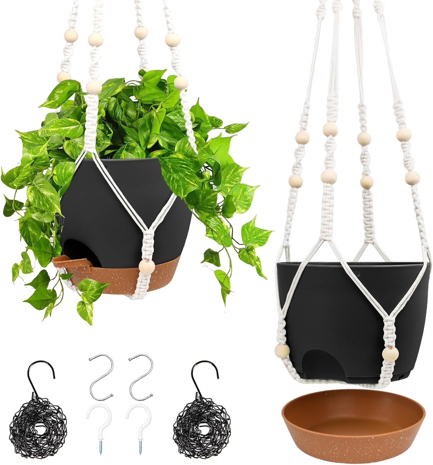 Hanging Planters for Indoor Outdoor Plants, 2 Pack Self Watering Hanging Pot with Drainage Holes & Removable Tray (White, 8'')