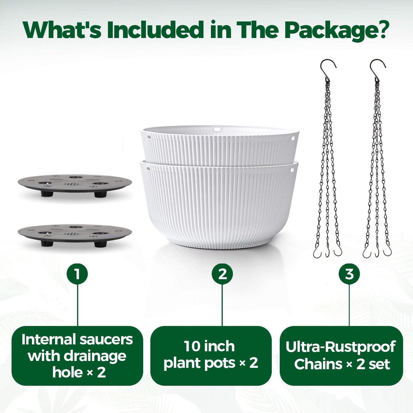 T4U 10 Inch Hanging Planters for Indoor Outdoor Plants, 2 Pack White Self Watering Hanging Plant Pot, Hanging Pots Set with Drainage Hole & Plug & Chain with 3 Hooks for Garden Home Decor