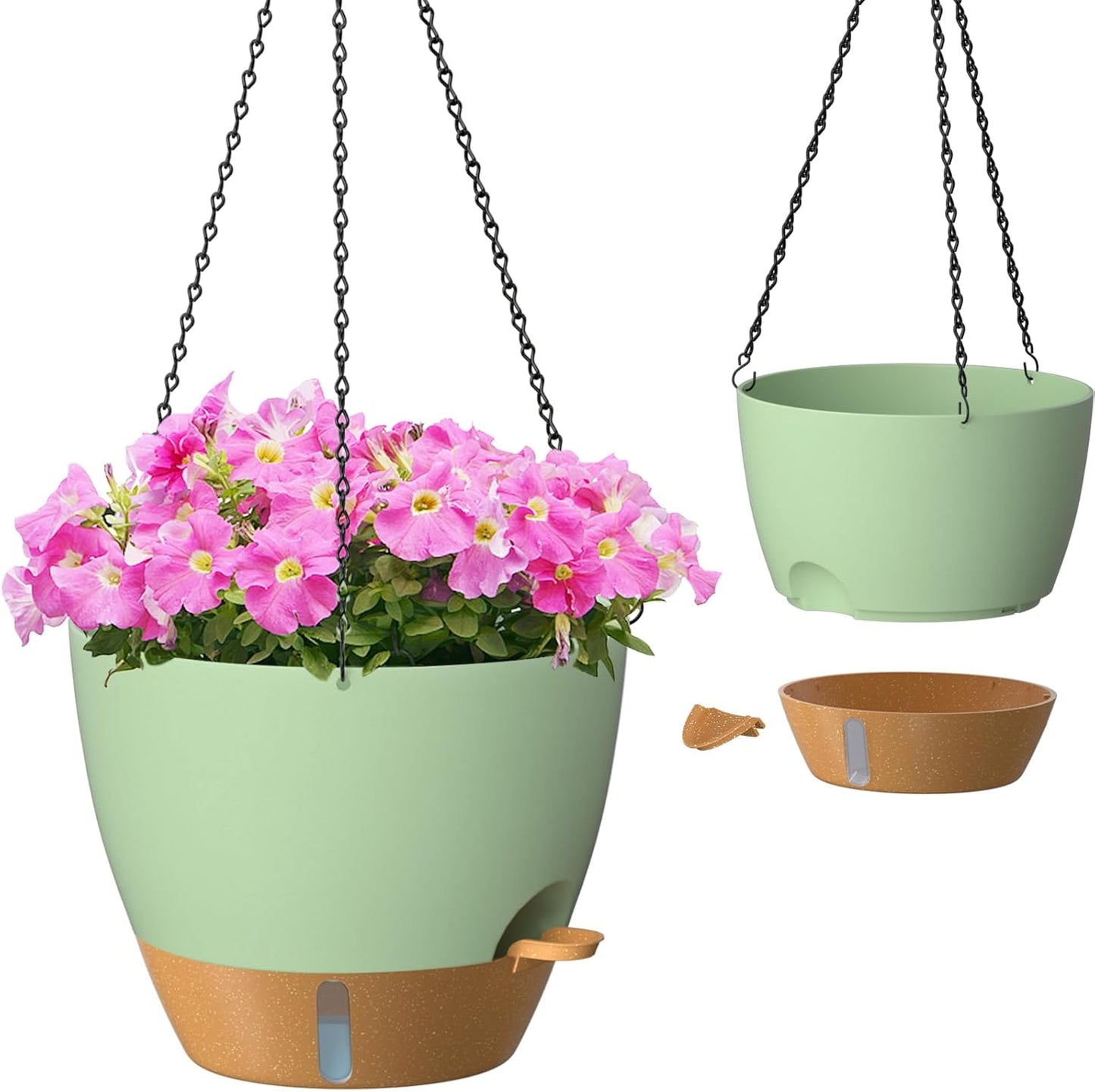 ZMTECH 8 Inch Hanging Planters for Indoor Outdoor Plants, 2 Pack Self Watering Hanging Plant Pots with Drainage Holes and Removable Saucer, Plastic Flower Hanging Pots with Watering Lip (Black)