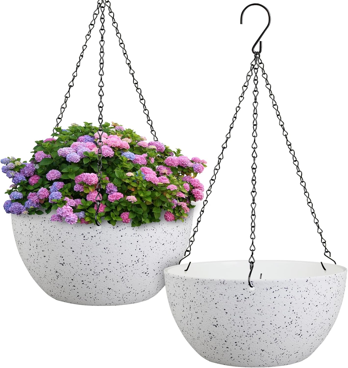 10 inch Hanging Planters for Indoor Outdoor Plants, 2 Pack Hanging Flower Pots with Drainage Holes and Chain for Garden Porch Plants, Round Plastic Hanging Baskets for House Plants, Black