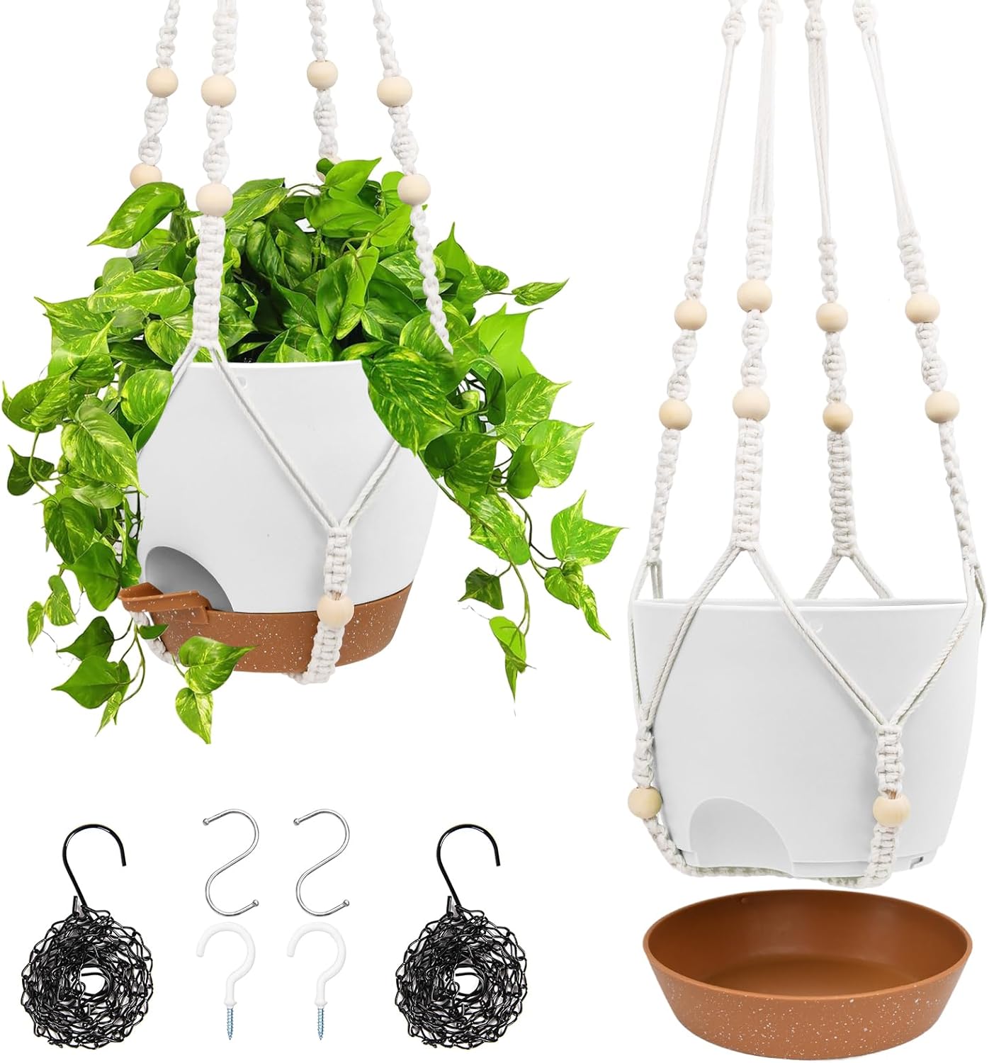 Hanging Planters for Indoor Outdoor Plants, 2 Pack Self Watering Hanging Pot with Drainage Holes & Removable Tray (White, 8'')