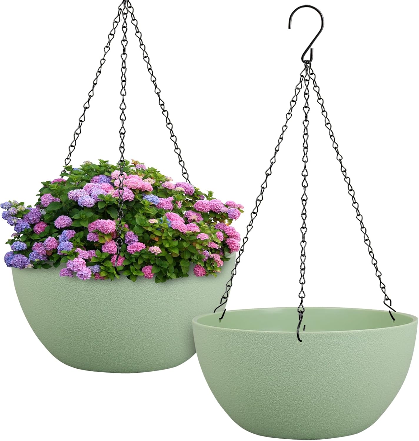 10 inch Hanging Planters for Indoor Outdoor Plants, 2 Pack Hanging Flower Pots with Drainage Holes and Chain for Garden Porch Plants, Round Plastic Hanging Baskets for House Plants, Black