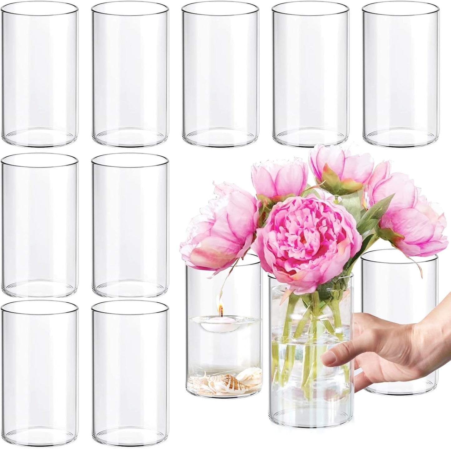 12Pcs Glass Cylinder vases for Centerpieces, 6 Inches Clear Ribbed Bud Vases for Wedding Decorations,Floral Vase Bulk Flower vases,Tall Glass Hurricane Candle Holder for Table Shelf, Party(Ribbed)