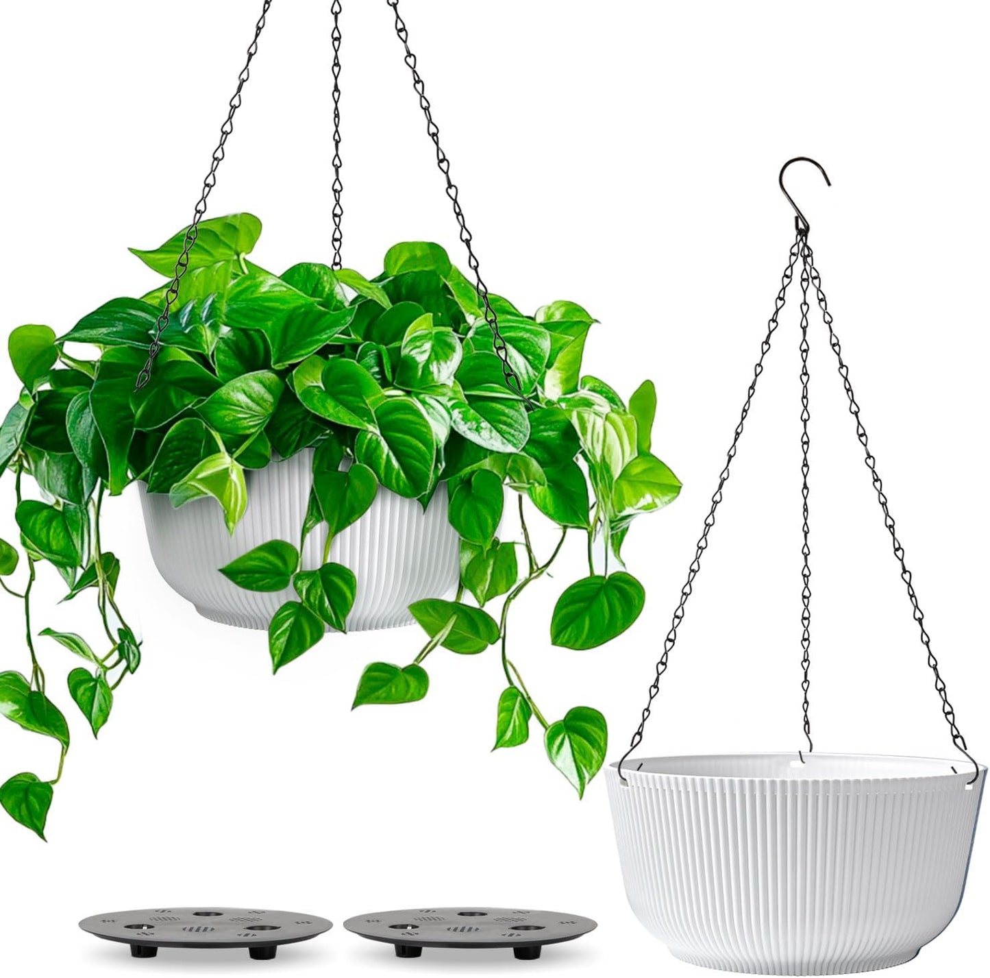 T4U 10 Inch Hanging Planters for Indoor Outdoor Plants, 2 Pack White Self Watering Hanging Plant Pot, Hanging Pots Set with Drainage Hole & Plug & Chain with 3 Hooks for Garden Home Decor
