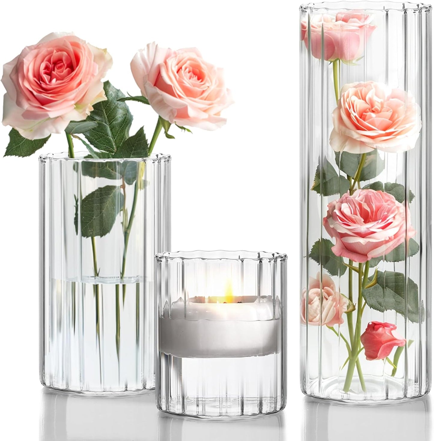 ComSaf Glass Cylinder Vases Pack of 12, Clear Ribbed Bud Vases for Centerpieces Weeding Decoration, 6 inch Tall Clear Flower Vases in Bulk, Hurricane Candle Holder for Party Home Decor