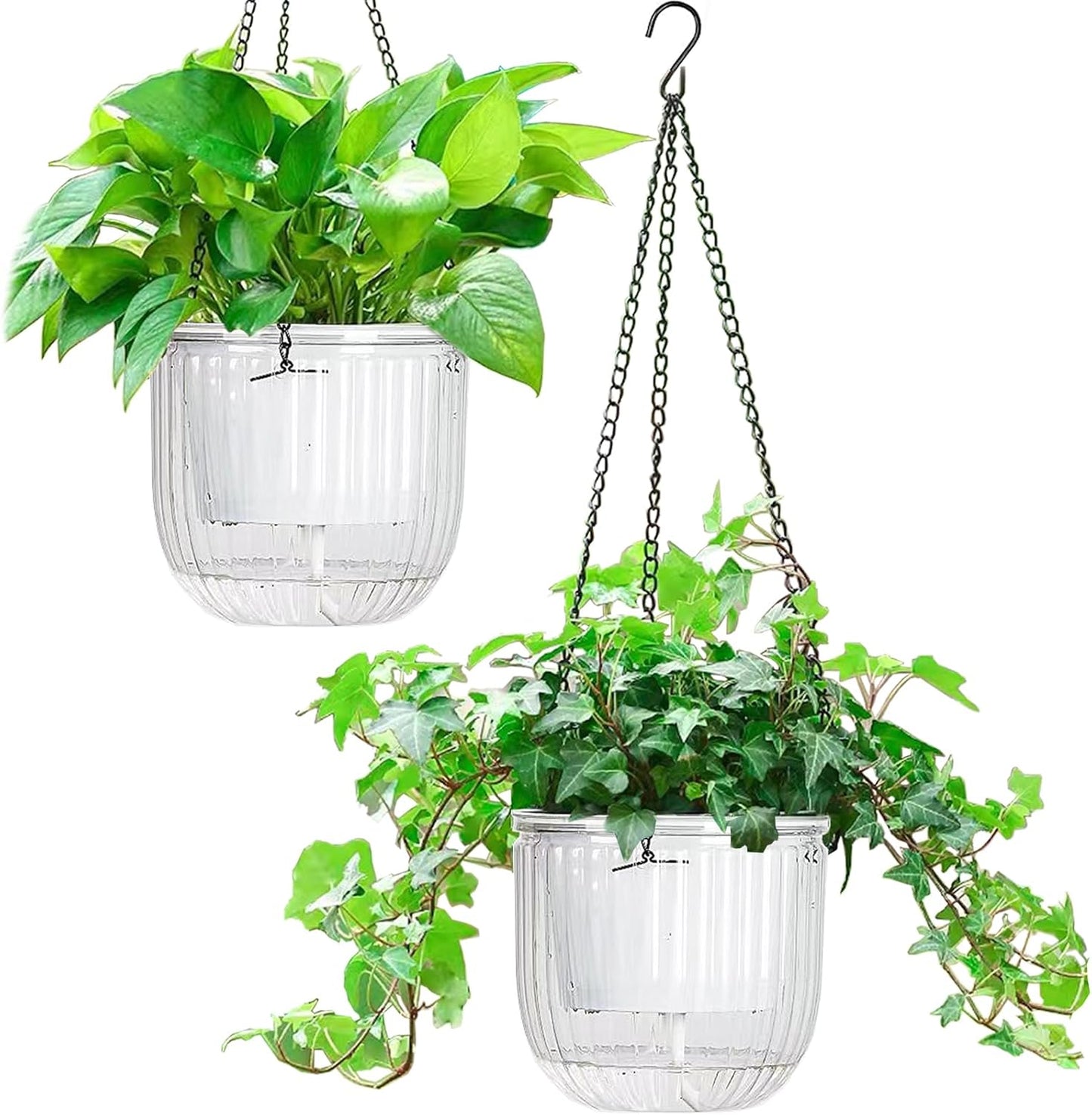 Melphoe 2 Pack Self Watering Hanging Planters Indoor Flower Pots, 6.5 Inch Outdoor Hanging Plant Basket, Hanger with 3Hooks Drainage Holes for Garden Home (Emerald + Gray)