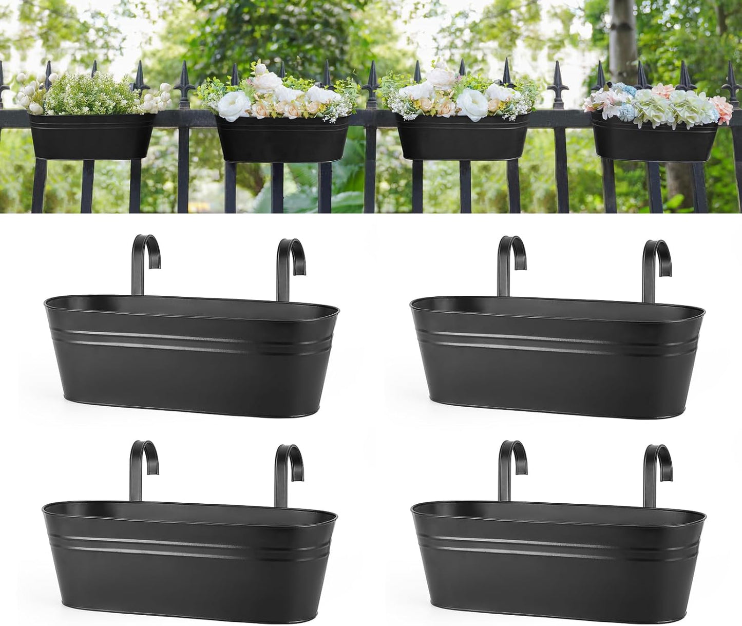 Dahey 3 Pcs Metal Hanging Flower Pots for Railing Fence Outdoor Planter 15.7 Inch Hanging Bucket Pots Countryside Window Flower Plant Holder with Detachable Hooks for Garden Yard Home Decor,Black