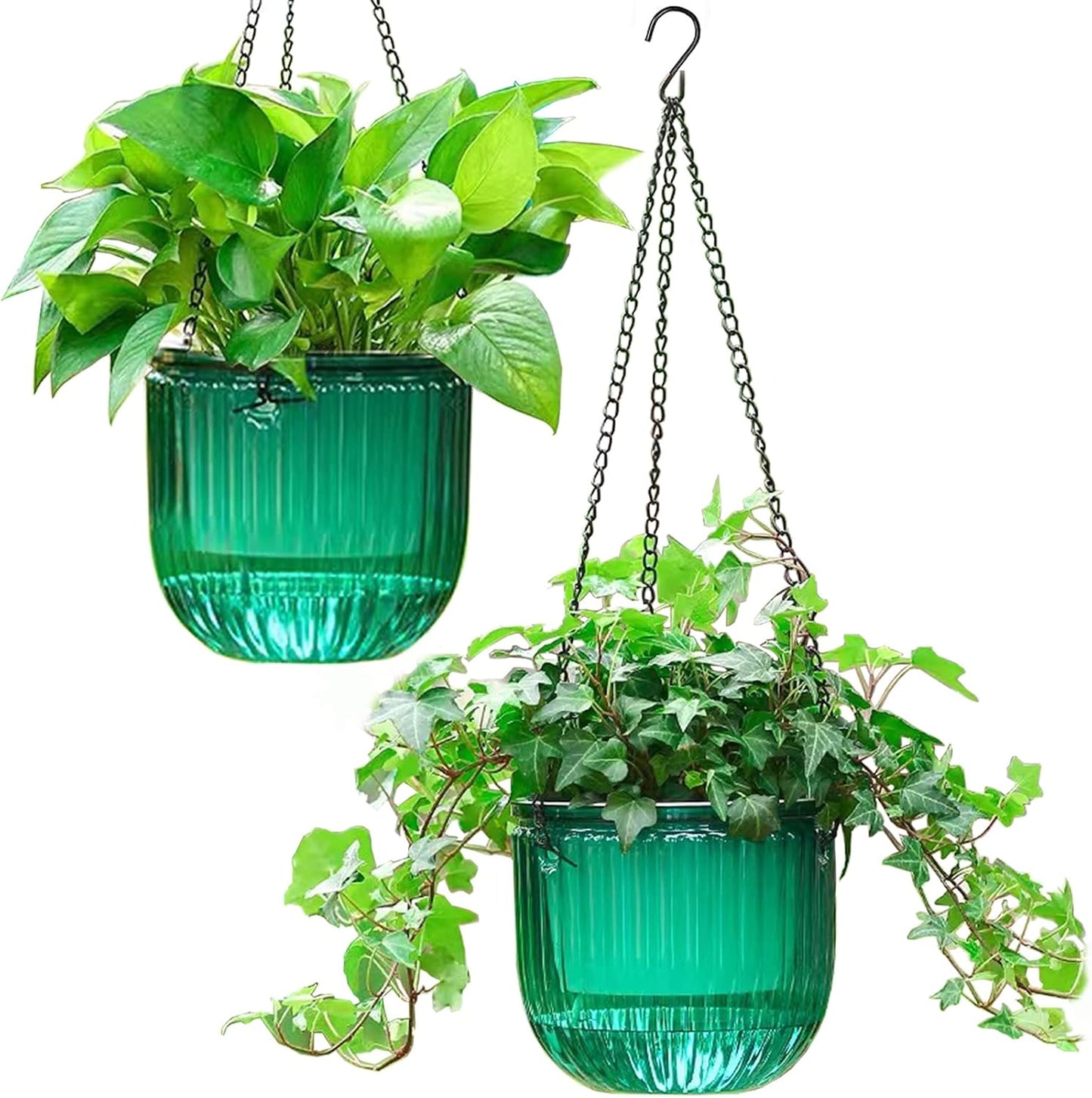 Melphoe 2 Pack Self Watering Hanging Planters Indoor Flower Pots, 6.5 Inch Outdoor Hanging Plant Basket, Hanger with 3Hooks Drainage Holes for Garden Home (Emerald + Gray)