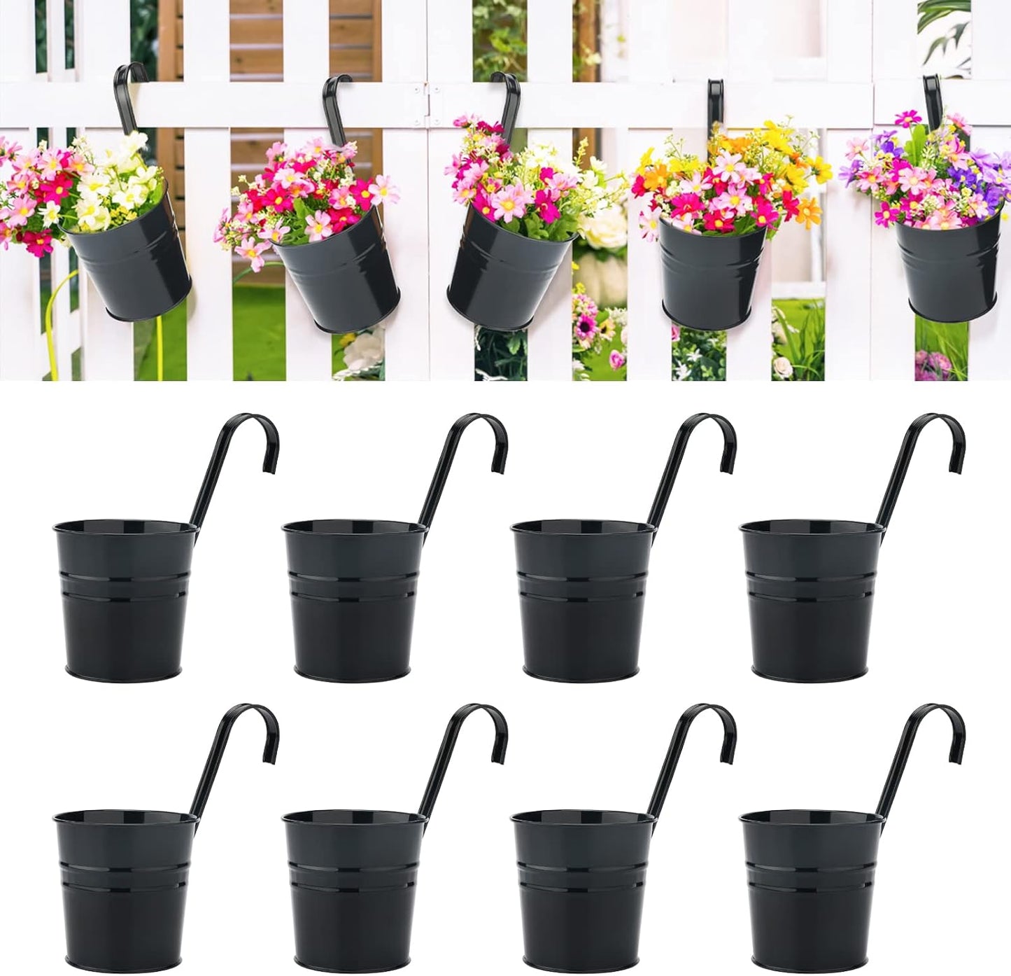 KINGLAKE Flower Pots,10 Pcs Metal Iron Hanging Flower Plant Pots Balcony Garden Plant Planter Baskets Fence Bucket Pot 4'' Flower Holders with Detachable Hook