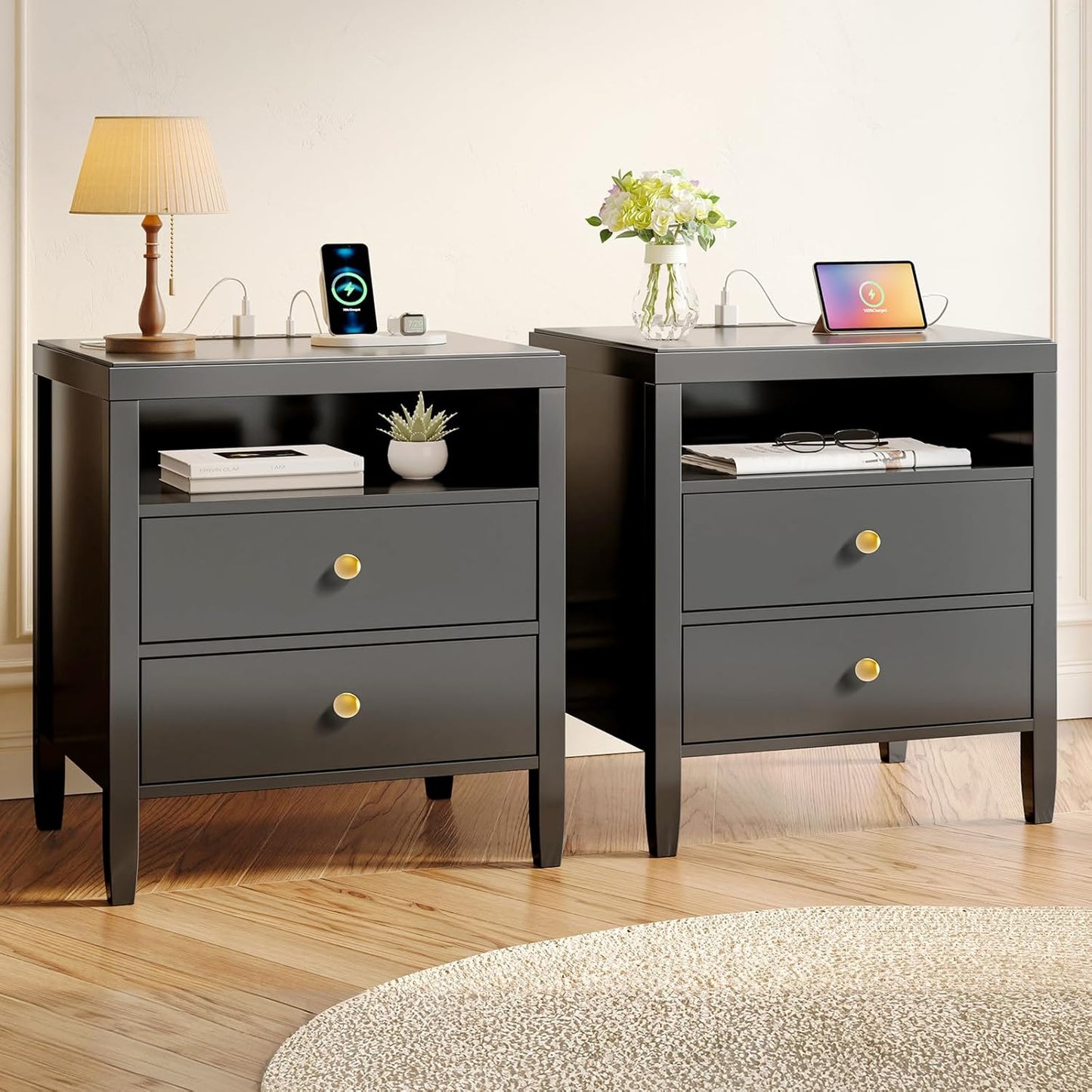 Huuger White Nightstand Set of 2, Night Stand with Charger Station, Bedside Table with 2 Drawers, Bed Side Tables for Bedroom, Modern Nightstands, Metal Knobs, Painted Surface