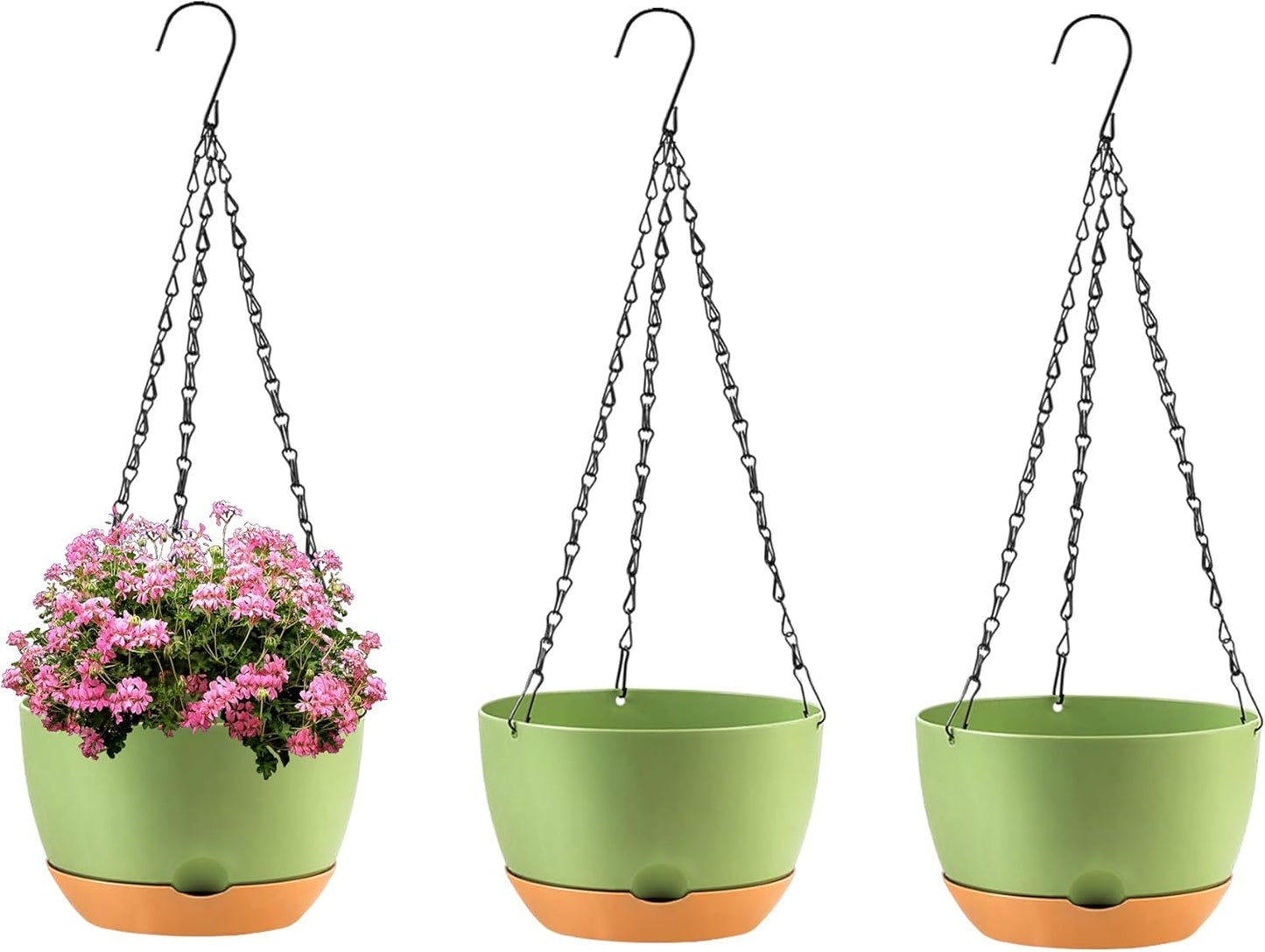 4 Pack Hanging Planter for Plants Indoor,8 Inch Plant Pot Outdoor Plastic Hanging Baskets with Drainage Holes and Chain for Garden Porch Plants(White+Black+Green+Beige)
